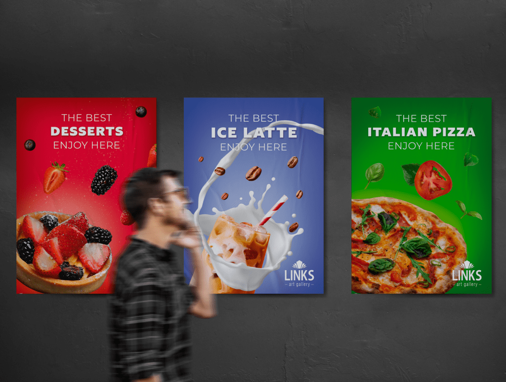 Man walking past display posters designed by Nettl of Bedlington. The posters feature high quality photography for desserts, ice latte and Italian pizza